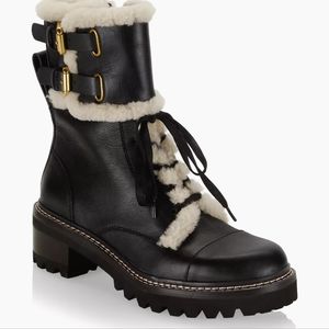 Near New See by Chloé's Mallory Combat Boots Shearling Leather